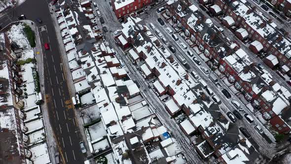 Aerial footage of a snowy day in the city of Leeds in the UK