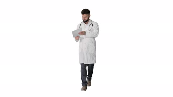 Doctor Reading Medical Report of Patient While Walking on White Background