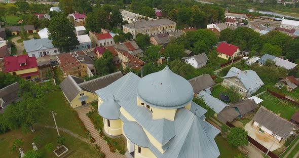 Panoramic Aerial drone view of small town