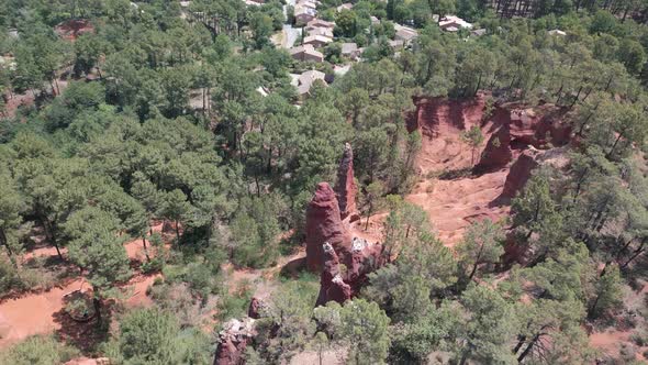 Drone view of one of the biggest ochre deposits in the world, Roussillon, France