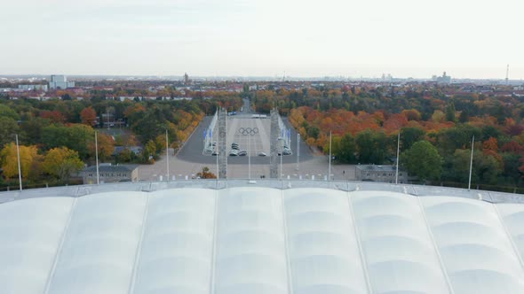 Olympic Rings Symbols on Berlin Olympia Stadium Entrance From Aerial Drone Perspective