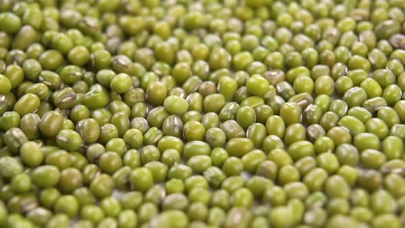 Falling mung beans into a white plate in slow motion