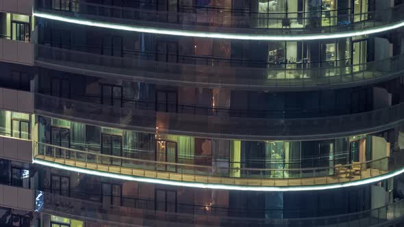 Big Glowing Windows in Modern Residential Buildings Timelapse at Night