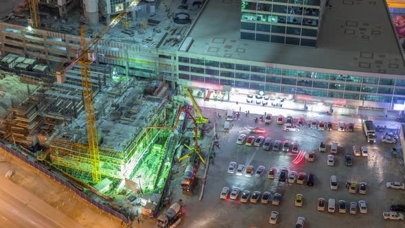 Aerial View of Construction with Special Machines in Business Bay Dubai Timelapse