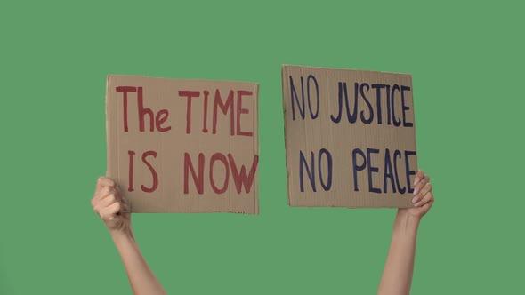 NO JUSTICE NO PEACE and THE TIME IS NOW. Protest Text Message on Cardboard. Stop Racism. Police