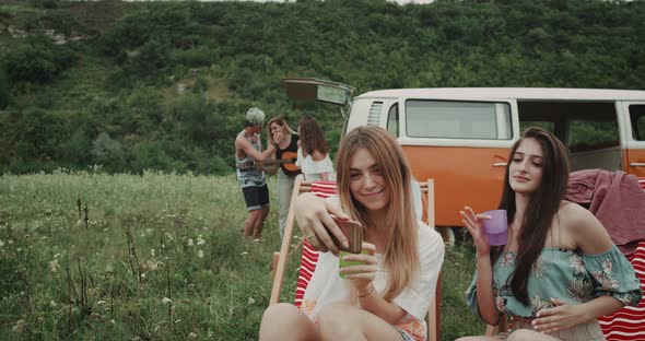 Picnic Mood Two Ladies Taking Selfies Sitting