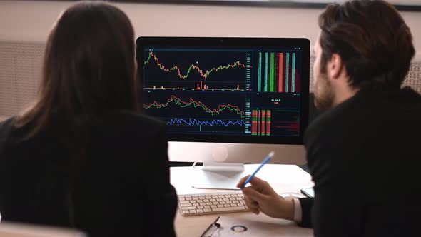 Two Successful Brokers Investor Man and Woman Using Computer to Analyze the Financial Market of