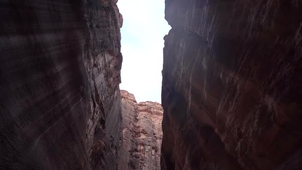 High Camera Angle Inside Narrow And Depp Passage Of Al Siq Canyon In Ancient City Of Petra