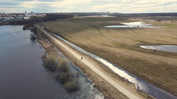 Continuous Flood of the River Spring Flood and Flooded Fields Aerial View