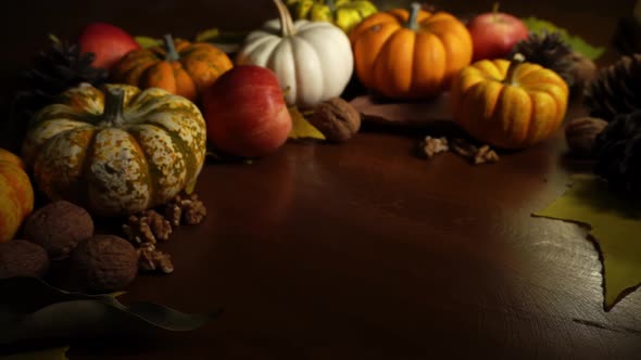 Macro Footage of Ripe Colorful Pumpkins Lying on the Wooden Table with Walnuts and Maple Leaves