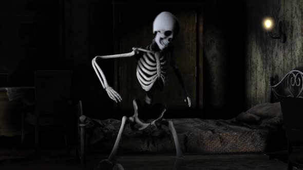 Skeleton dancing salsa in a haunted house