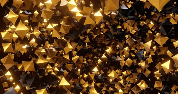 3D animation of flying rotating gold and black geometric shapes, octahedron