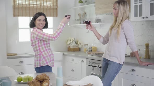 Two Caucasian Women Clinking Wineglasses and Drinking. Happy Female Friends Resting on Weekends at