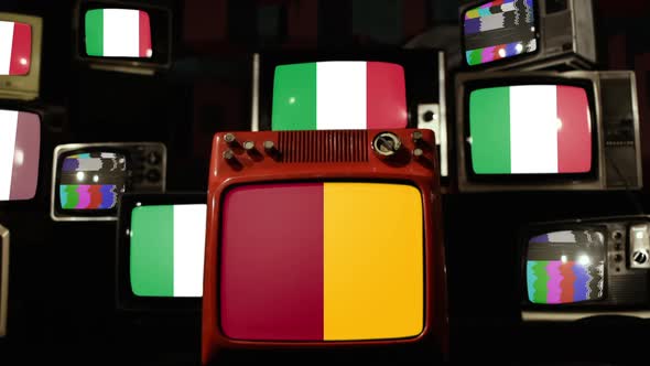 Flag of Rome and Flags of Italy on Retro TVs.