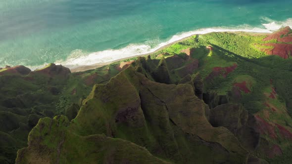 Mountains Aerial  Footage Green Cliffs Over Blue Ocean Coast in Golden Sunset