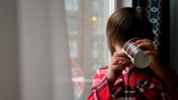 Boy Child in a Plaid Shirt is Sitting By the Window and Drinking Tea