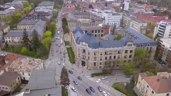 Wide Aerial Drone Establishing Shot Revealing the Beautiful Old World Architecture of Cluj Napoca Ro