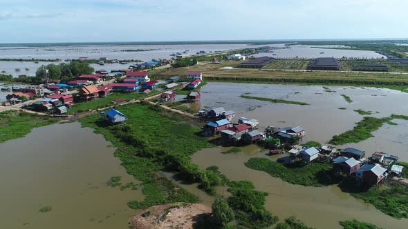 Farming and fishing village near Siem Reap in Cambodia seen from the sky