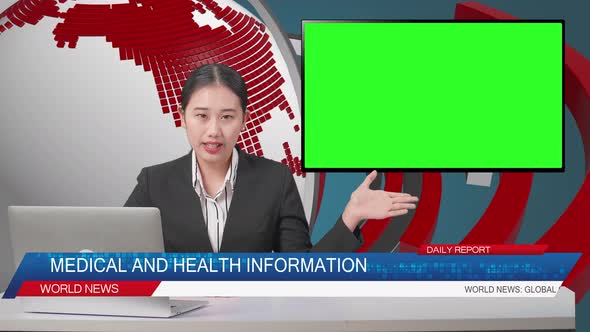 Live News Studio With Female Anchor And Green Screen Television Pointing To Side While Reporting
