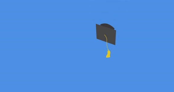 Animation of graduation college university hats falling on blue background alt
