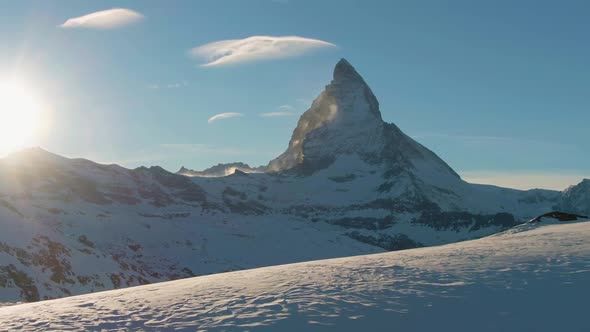 Matterhorn Mountain at Sunset in Winter Evening. Swiss Alps. Switzerland. Aerial View