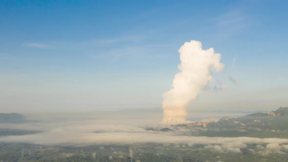 Aerial view panoramic at morning time with fog above mountain.