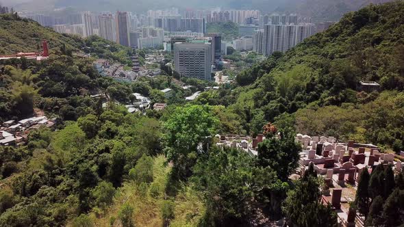 Aerial View Of Hong Kong Tao Fong Shan Christian Cemetery On A Hilltop Looking Over Sha Tin Surround