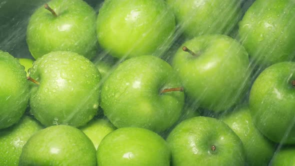 Water Spray Cleans Green Apples