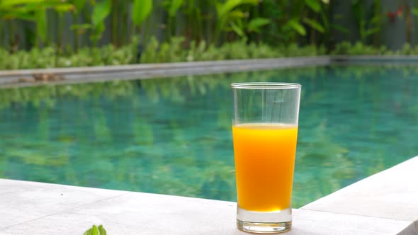 Holiday Concept Glass of Orange Juice Standing on Edge of Blue Swimming Pool