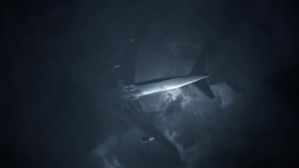 Aircraft Flying Under A Lightning Storm And Rain