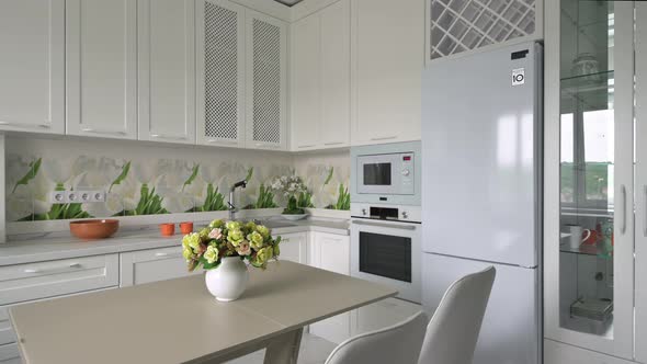 White Moden Classic Kitchen with Dining Table