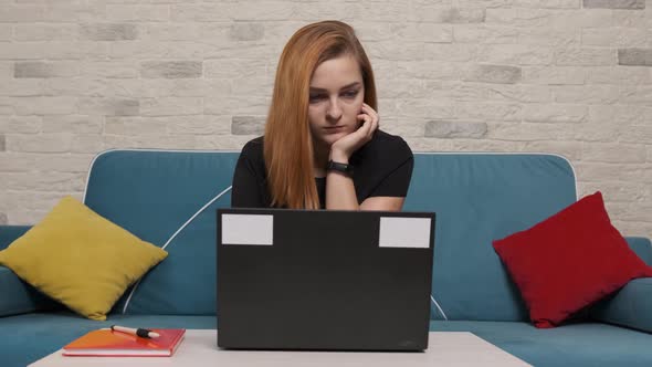 Concentrated Young Woman That Is Sitting on a Blue Sofa and Working at the Laptop