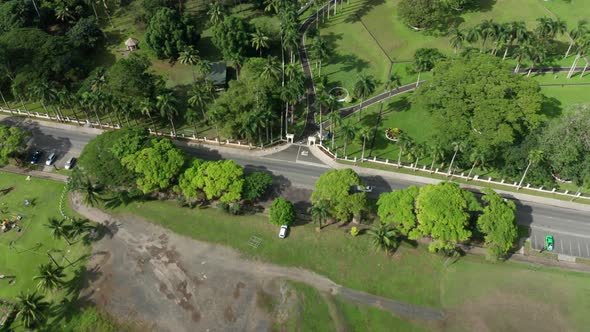 Entrance to the Presidential Palace in Suva, capital city of Fiji, aerial shot