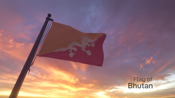 Bhutan Flag on a Flagpole V3