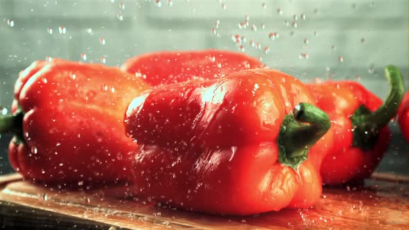 Drops of Water Fall on the Sweet Pepper