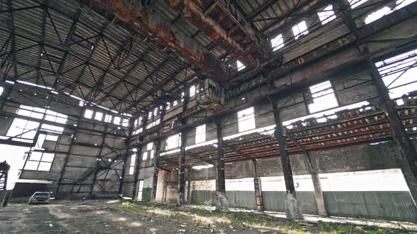 Abandoned ruined industrial factory building, ruins and demolition concept