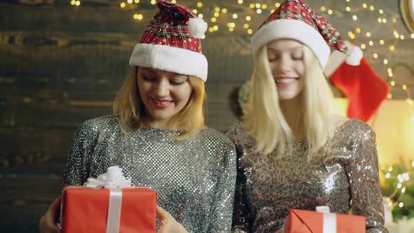 Two Women Celebrating Christmas with Present Gift.