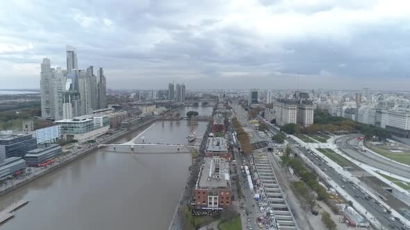Aerial view of Buenos Aires city, Puerto Madero, background buildings. Argentina.