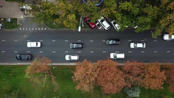 Drone Point of View: Aerial City Traffic, Top Down View of Freeway Busy City Rush Hour Traffic Jam