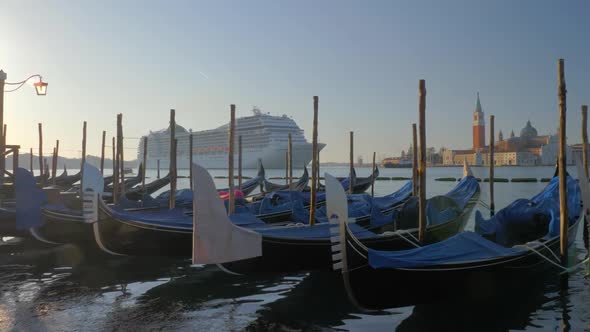 Gondola Boats and a Cruise Ship in Venice Italy