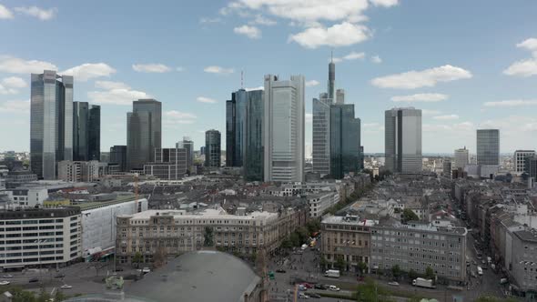 Forward Flight Over Frankfurt Am Main, Germany Central Train Station with Skyline View on