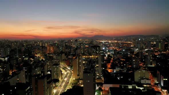 Sunset downtown Sao Paulo Brazil. Downtown district at sunset scenery.