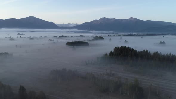 Aerial view of landscape with fog in the morning, Loisach Moor