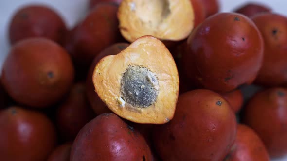 Close up pan of chontaduro fruit with seed pip from amazon rainforest jungle in Ecuador