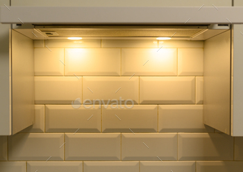 rectangular white glossy tile in the kitchen.