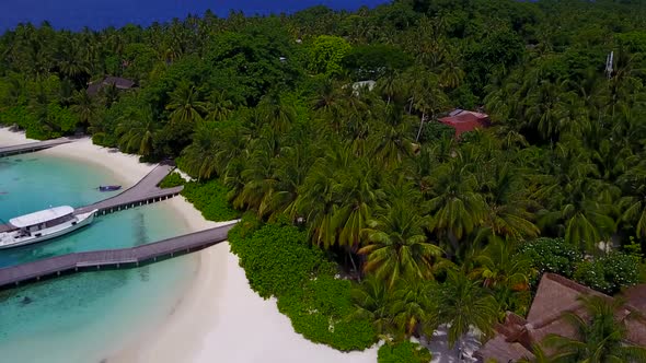 Aerial drone panorama of bay beach by sea and sand background