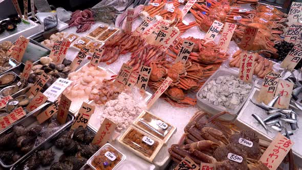 A Table with a Various Seafood at Nishiki Market in Kyoto, Japan.