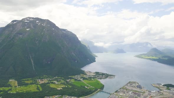 Townscape  Of Aandalsnes At The Mouth Of Rauma River In More Og Romsdal County, Norway. aerial