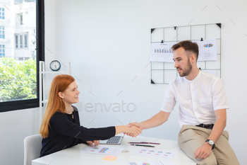 Businesswoman handshake greeting partnership success contract.