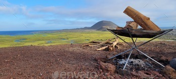 Grill with a log with the ocean in the background